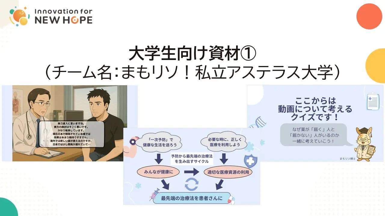 大学生向け資材①（チーム名：まもリソ！私立アステラス大学）「学生が挑む！市民の疑問解決プロジェクト」　資材制作に込めた学生たちの想い